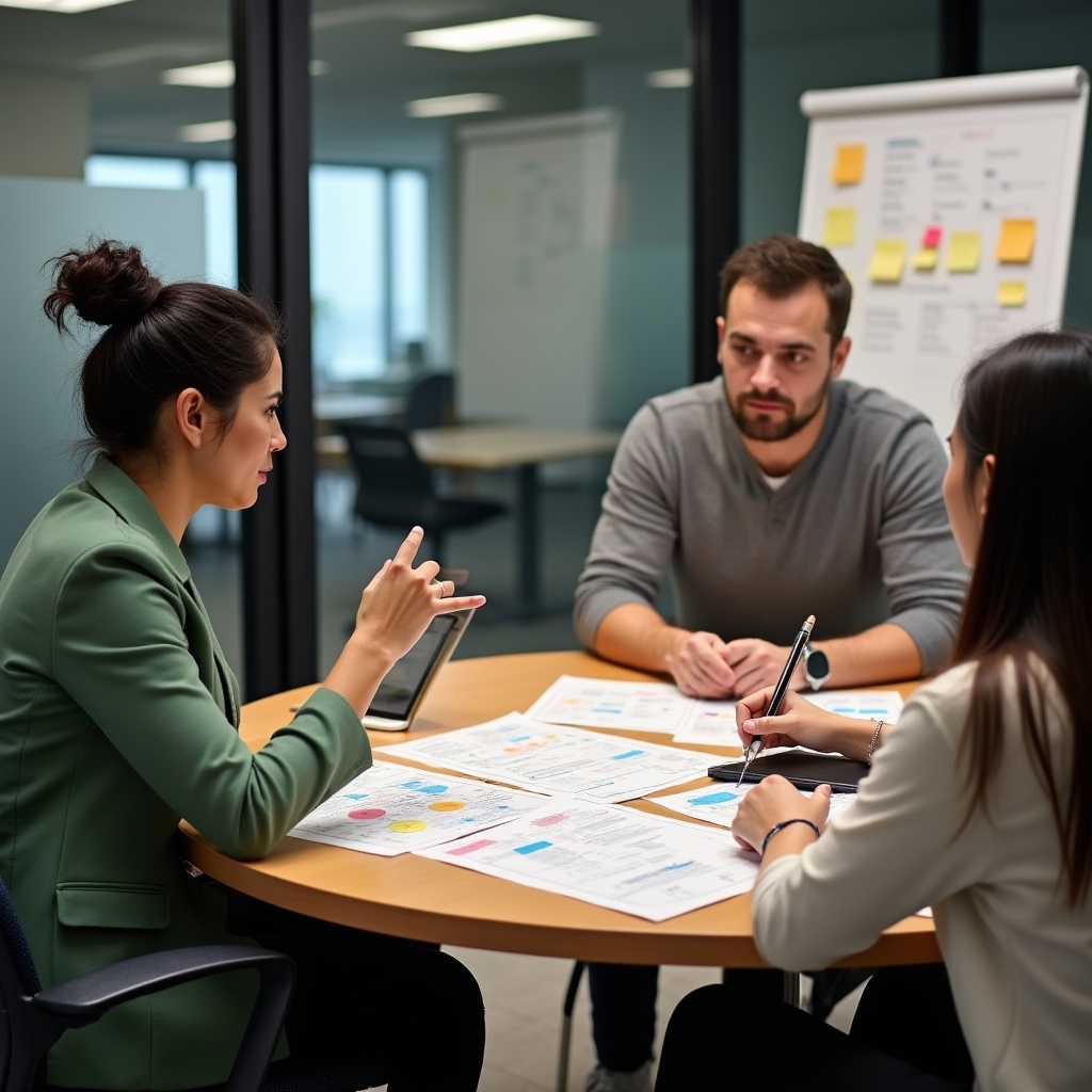 Small team gathered around a table reviewing a content architecture map printed on paper