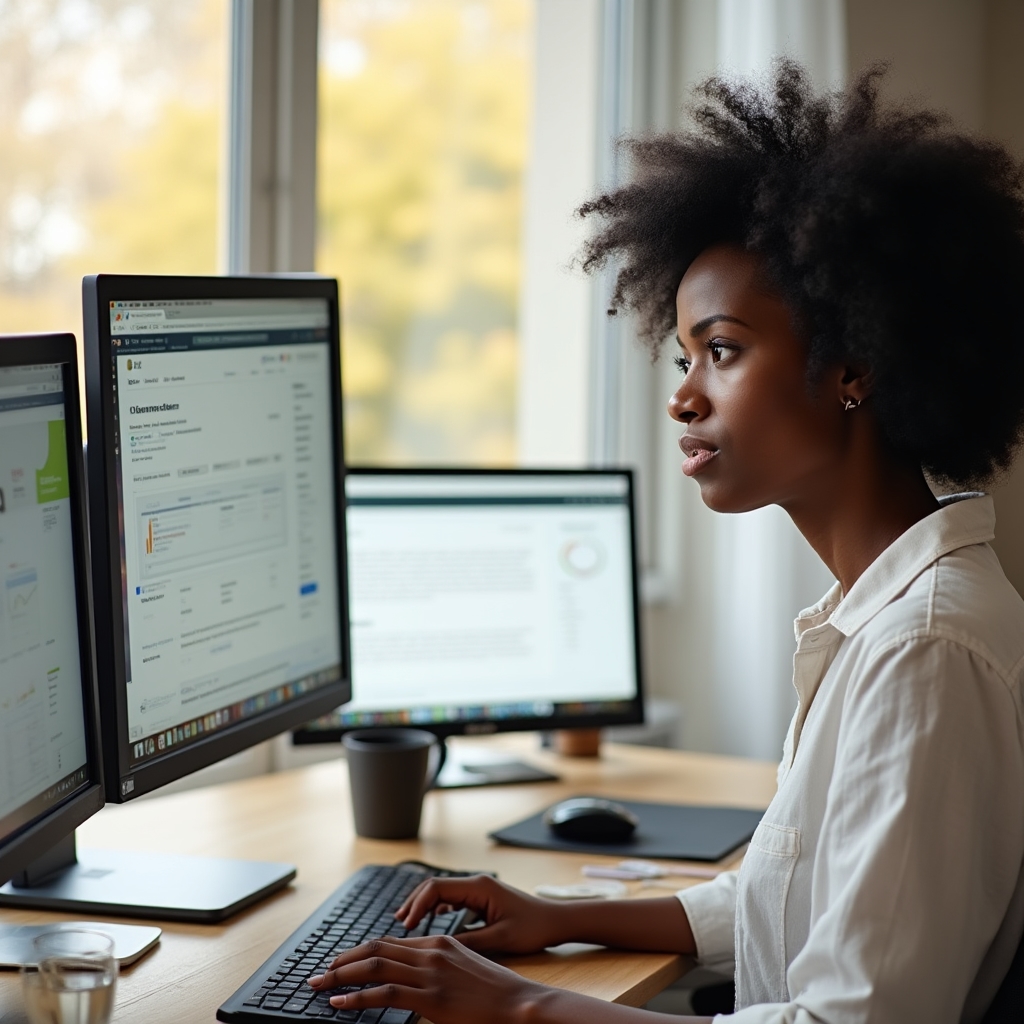 DIY website owner working at a home office desk with multiple browser tabs open showing website structure