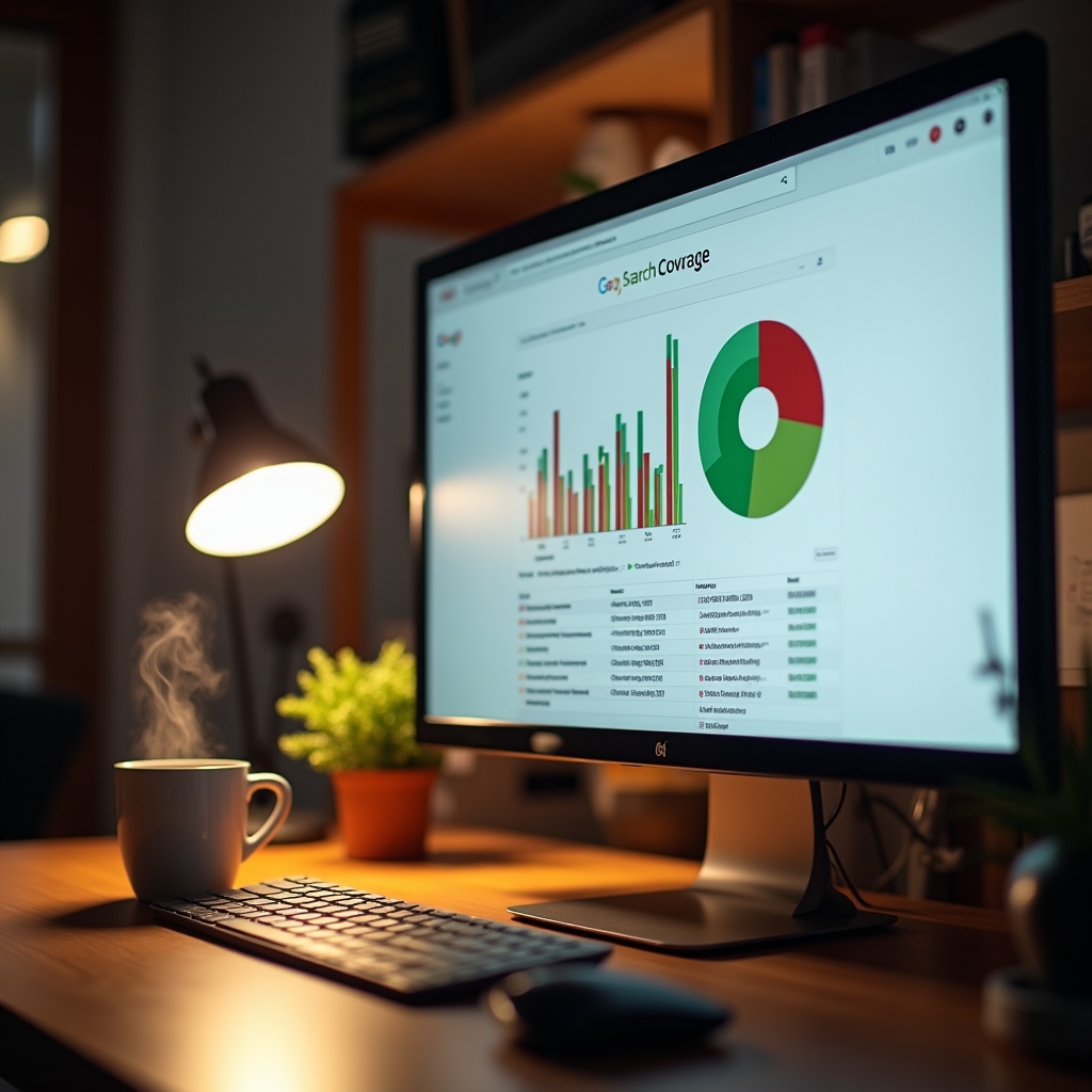 Computer monitor displaying Google Search Console crawl coverage report with colored charts