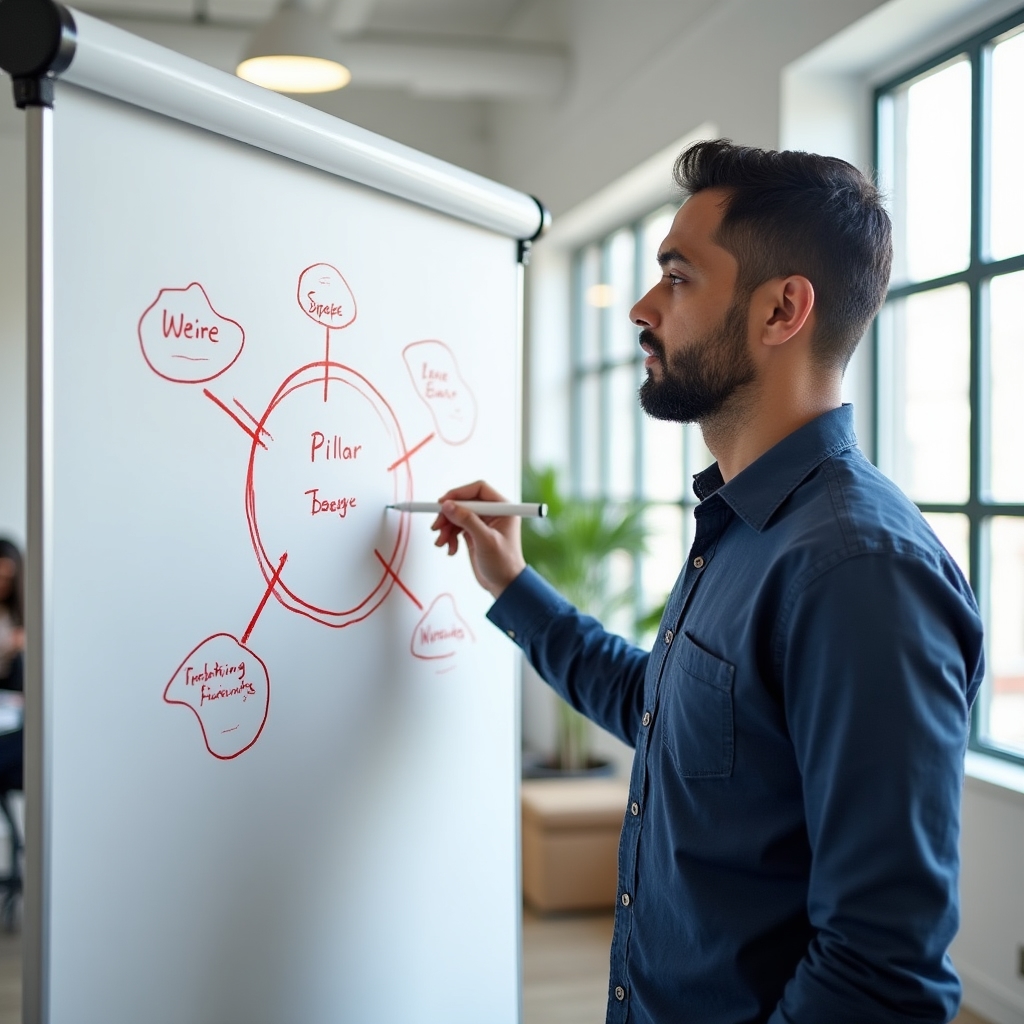 Person drawing a hub-and-spoke content diagram on a whiteboard with colored markers