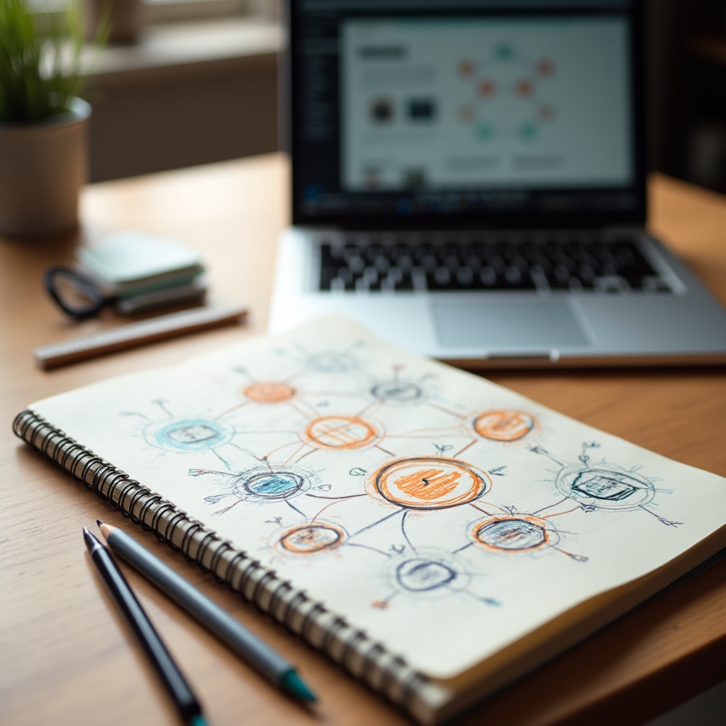 Website architecture diagram on a desk with linking structure sketched out